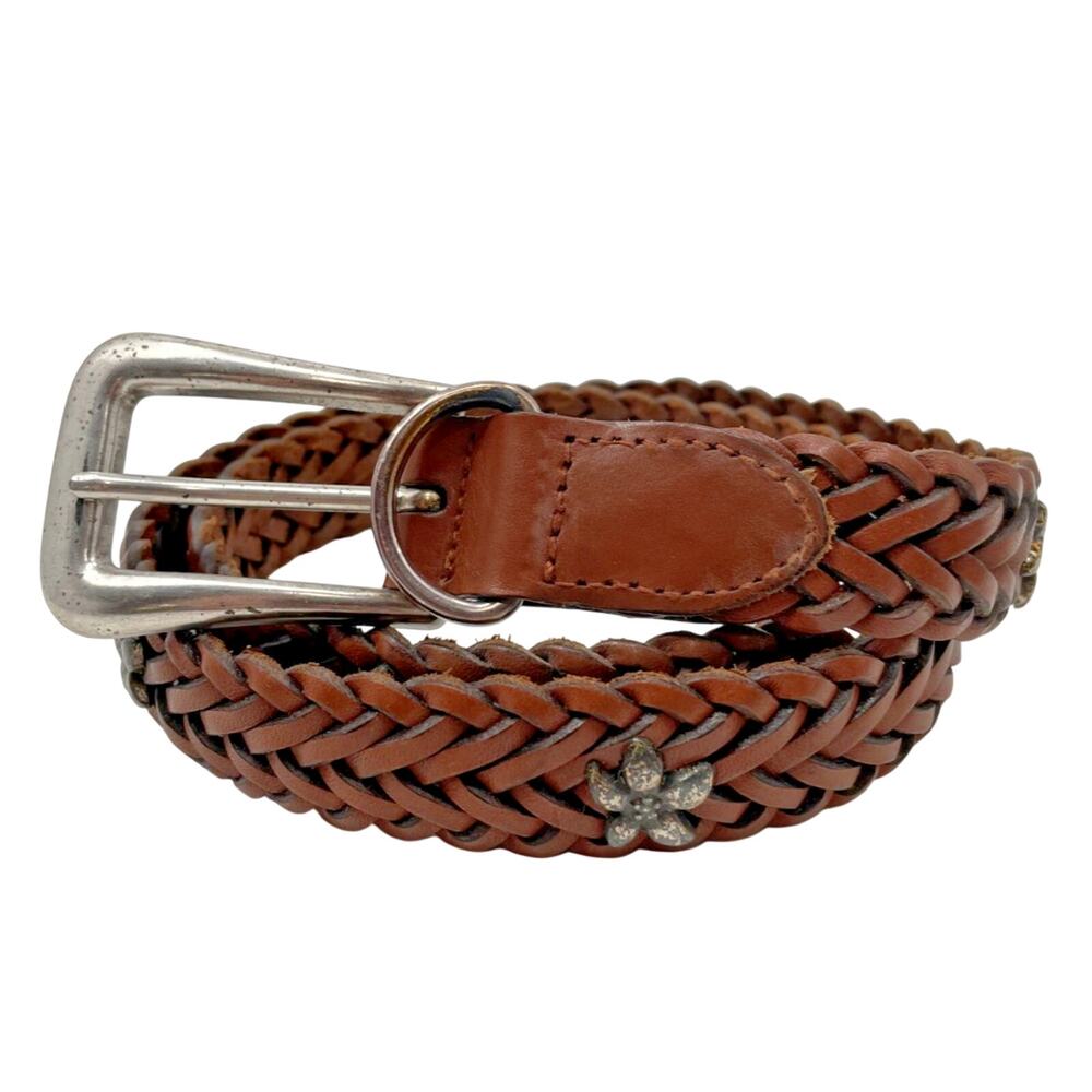 Fossil Classic Leather Belt Small Braided Brown Leather Silver Flower Rivets